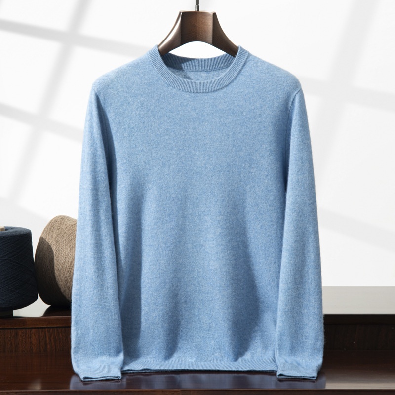Jersey de manga larga de punto fino con cuello redondo clásico para hombre de cachemira