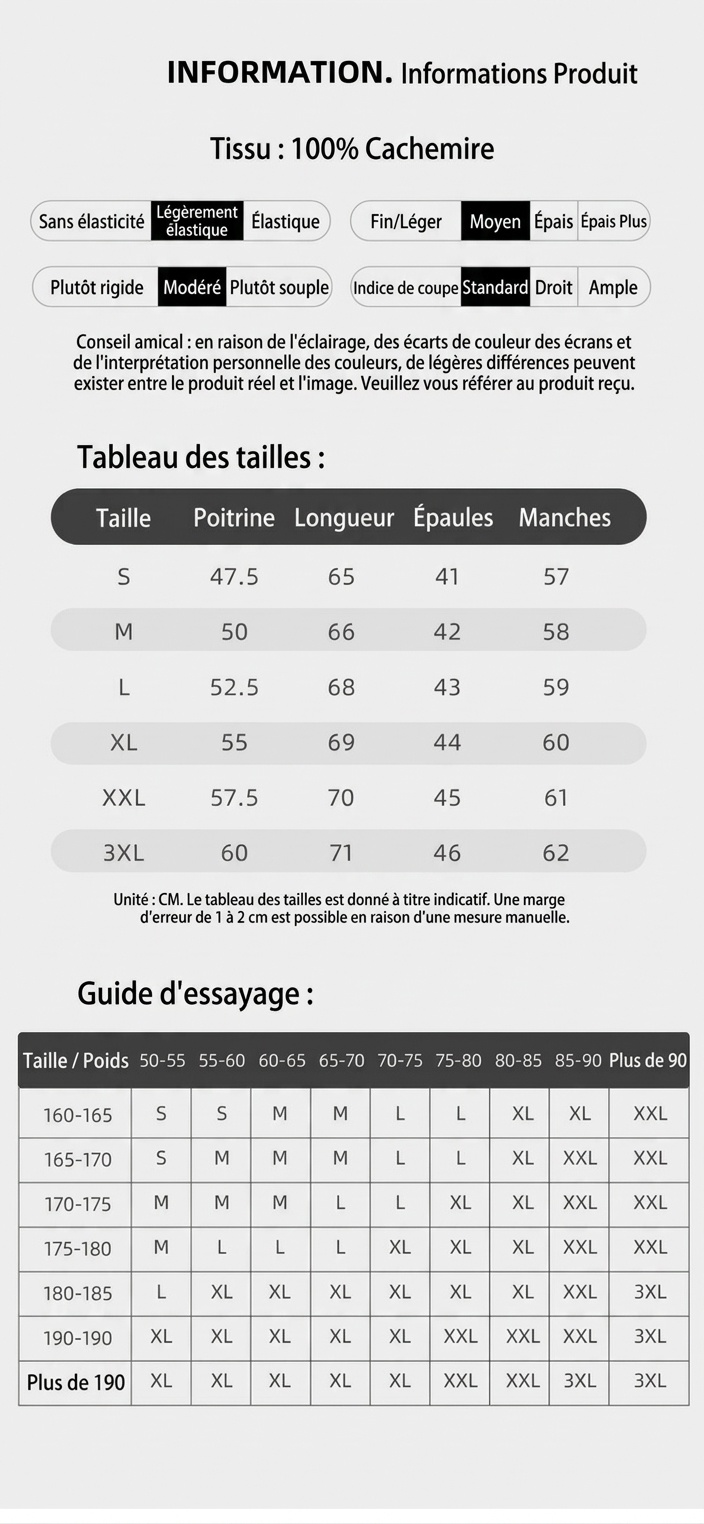Pull en cachemire classique à col rond et manches longues pour homme
