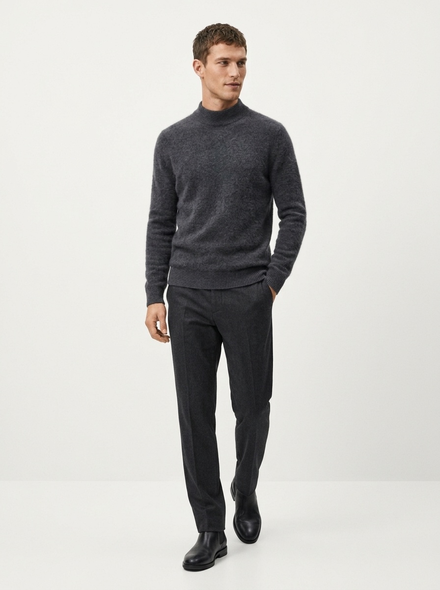 Jersey de punto de cachemira de manga larga con cuello alto para hombre.