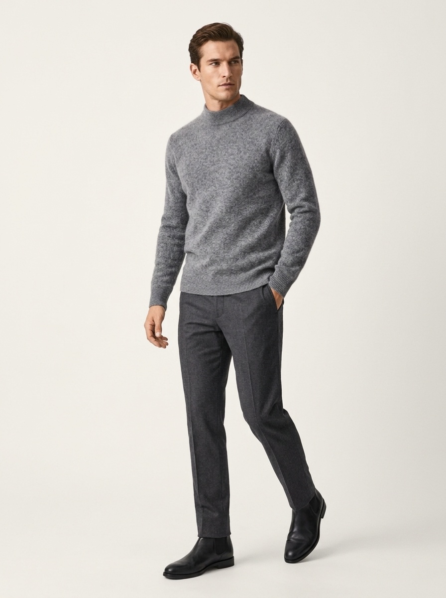 Jersey de punto de cachemira de manga larga con cuello alto para hombre.