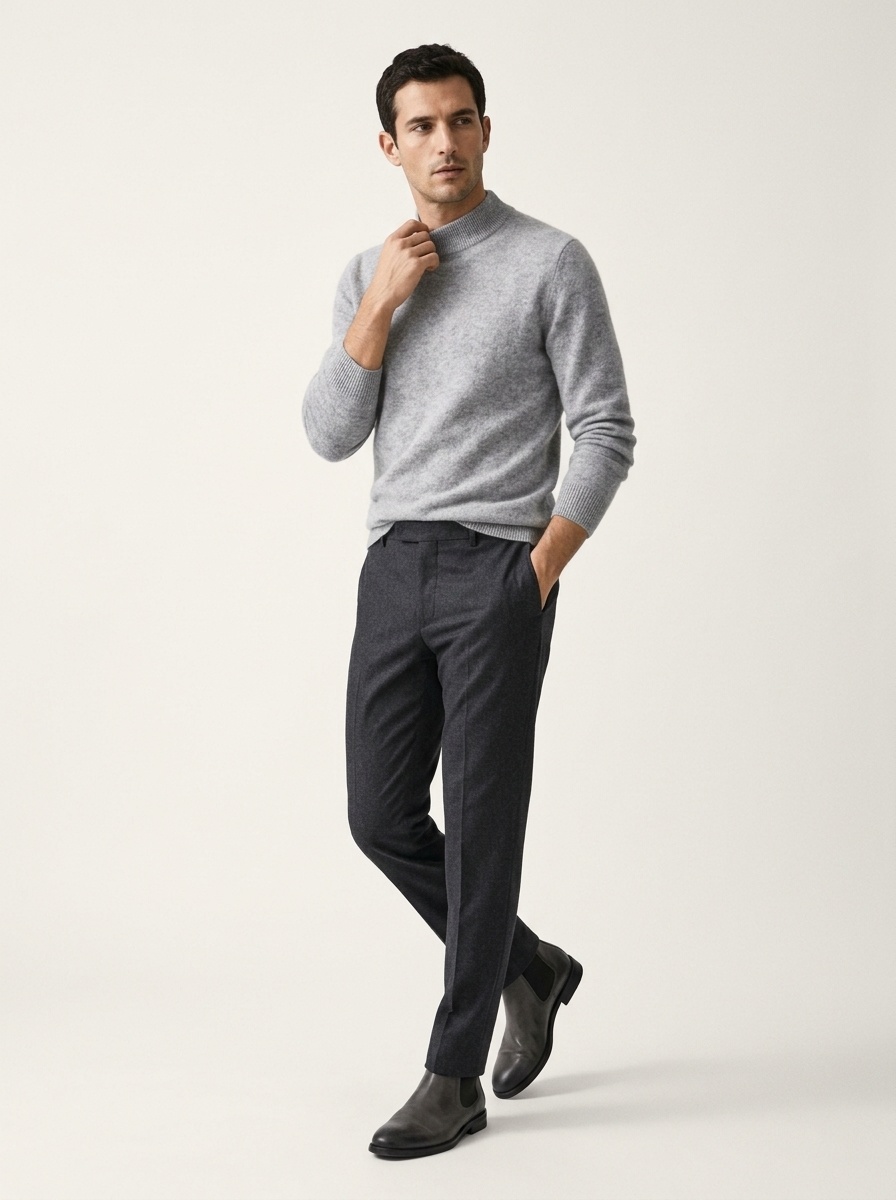 Jersey de punto de cachemira de manga larga con cuello alto para hombre.