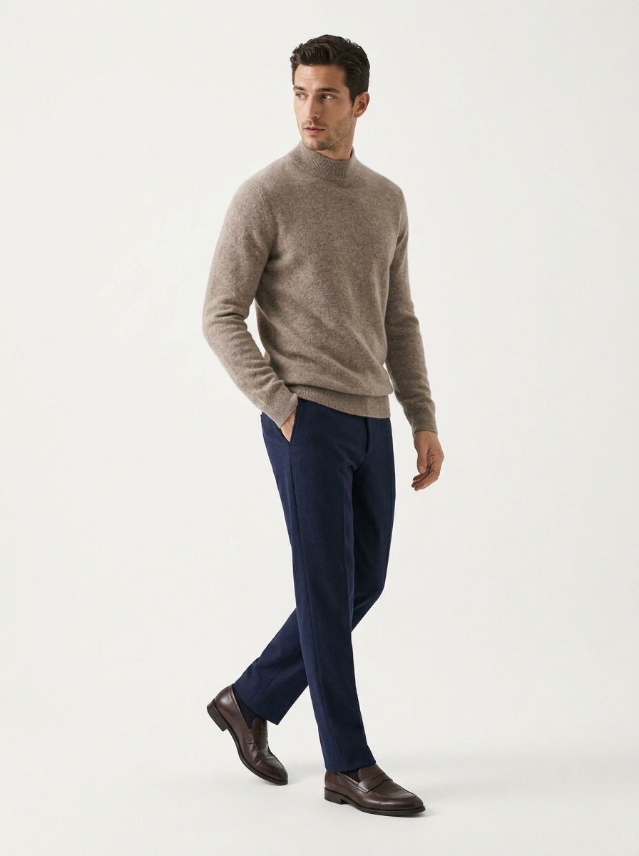 Jersey de punto de cachemira de manga larga con cuello alto para hombre.