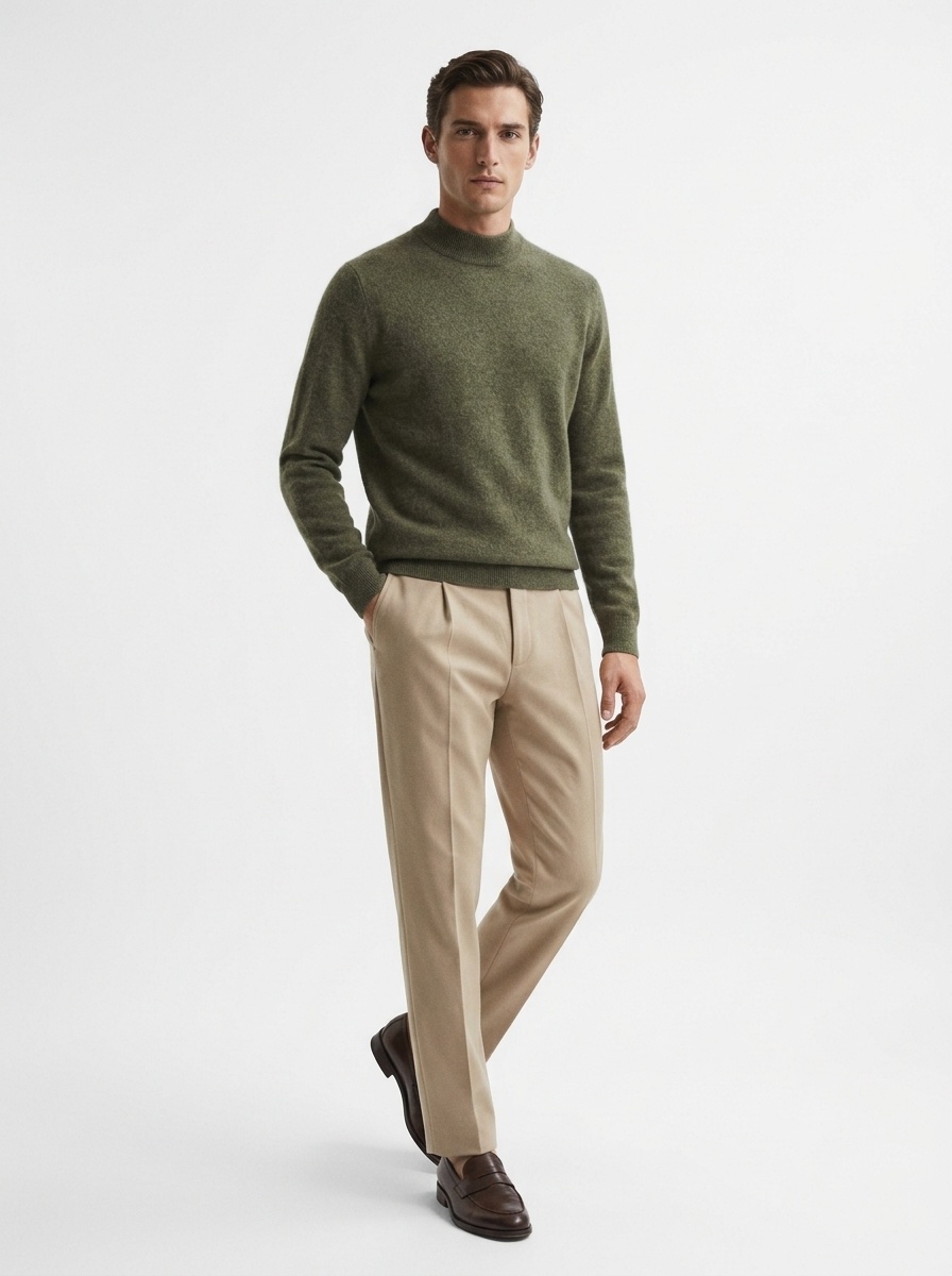 Jersey de punto de cachemira de manga larga con cuello alto para hombre.