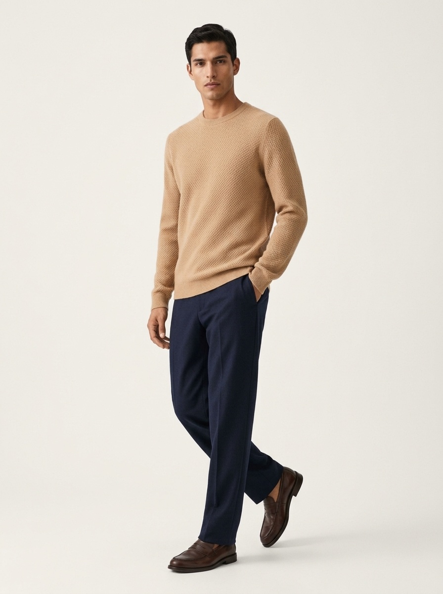 Jersey de manga larga de punto con cuello redondo y textura de cachemira para hombre
