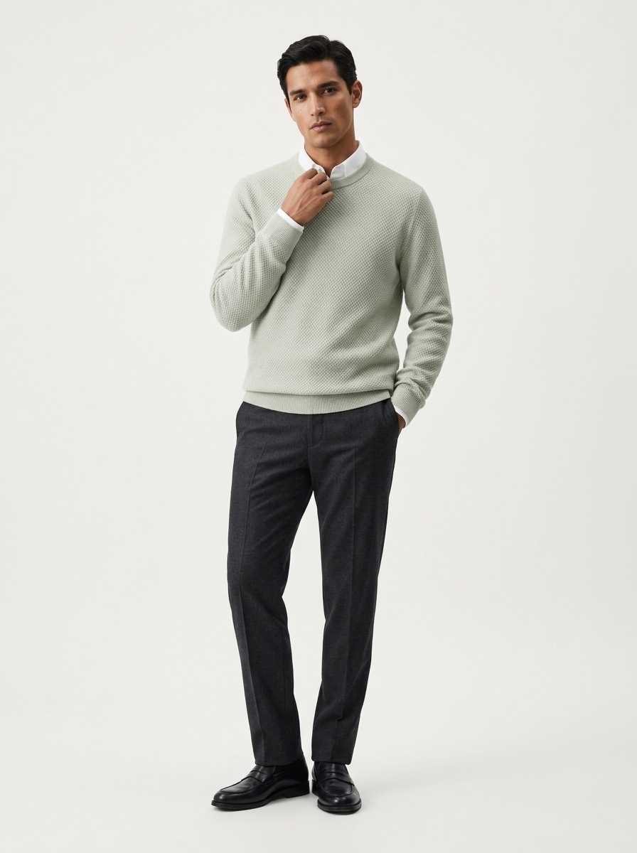 Jersey de manga larga de punto con cuello redondo y textura de cachemira para hombre
