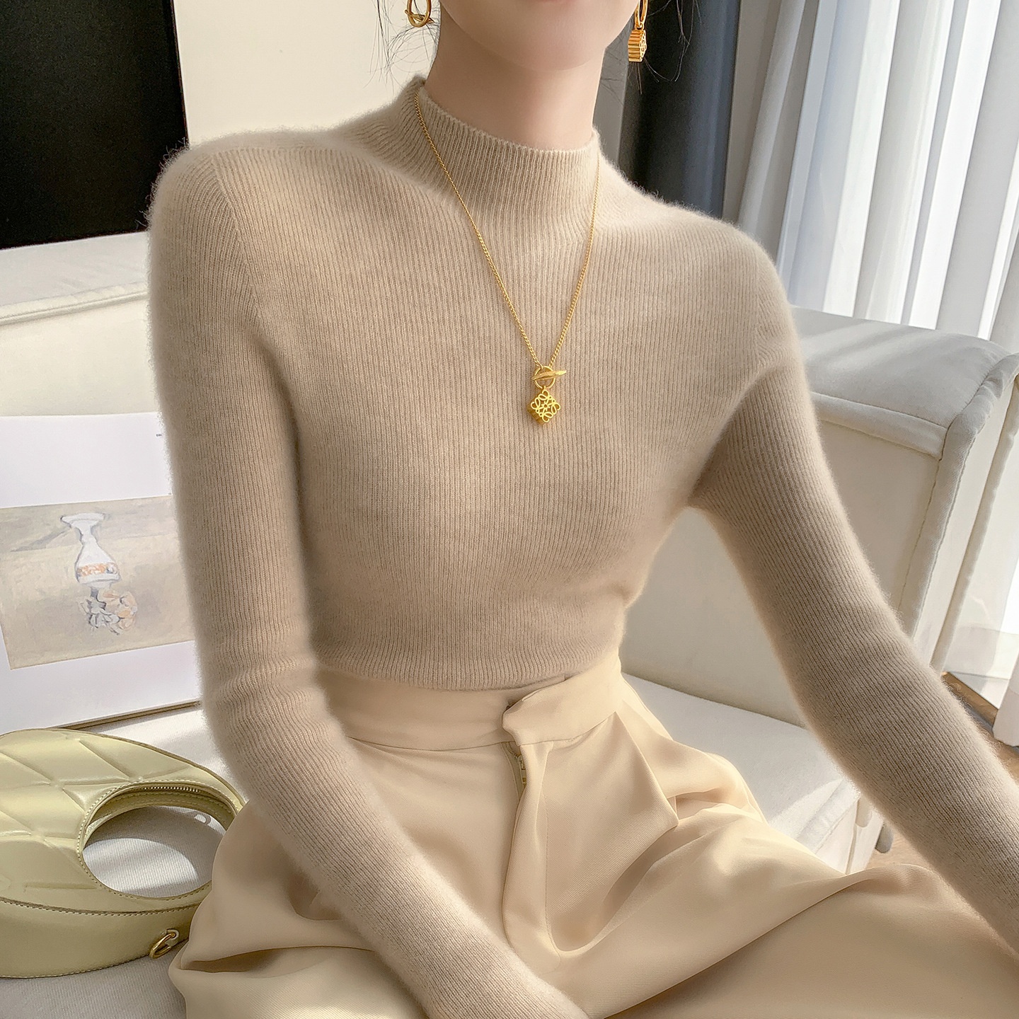 Women's Mock Neck Ribbed Knit Long Sleeve Sweater