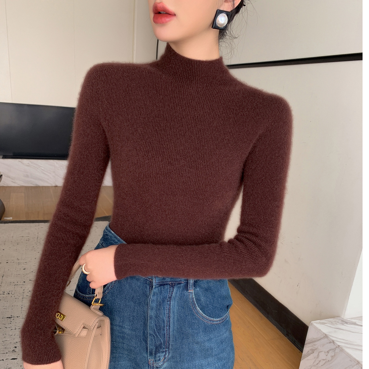 Women's Mock Neck Ribbed Knit Long Sleeve Sweater