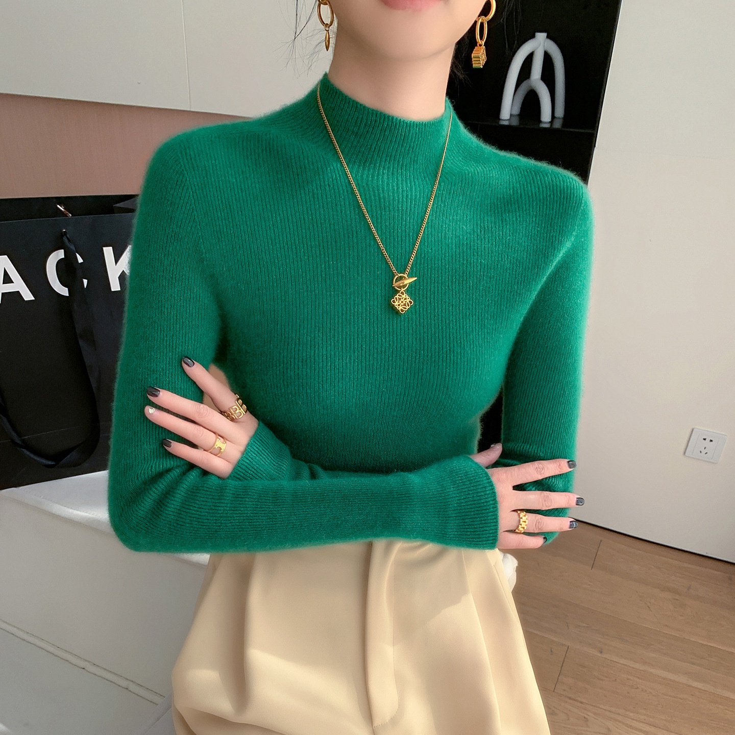 Women's Mock Neck Ribbed Knit Long Sleeve Sweater