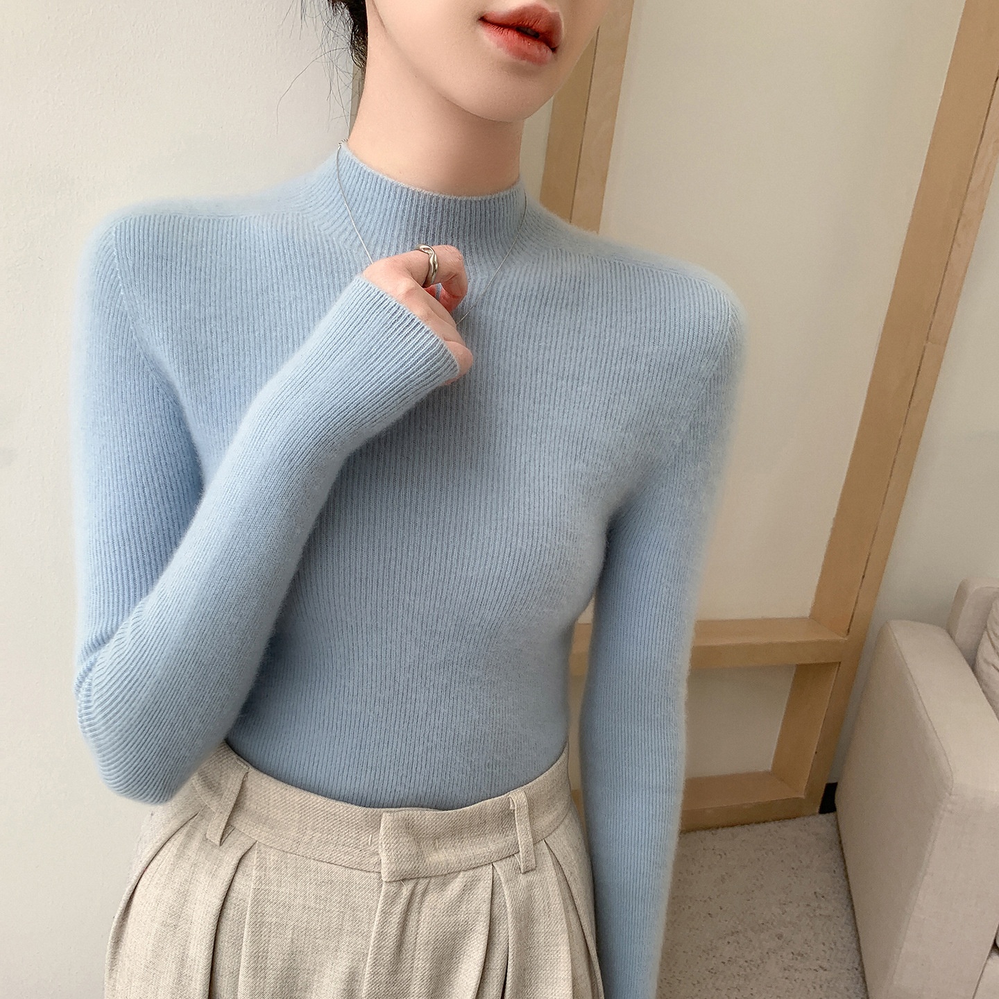Women's Mock Neck Ribbed Knit Long Sleeve Sweater
