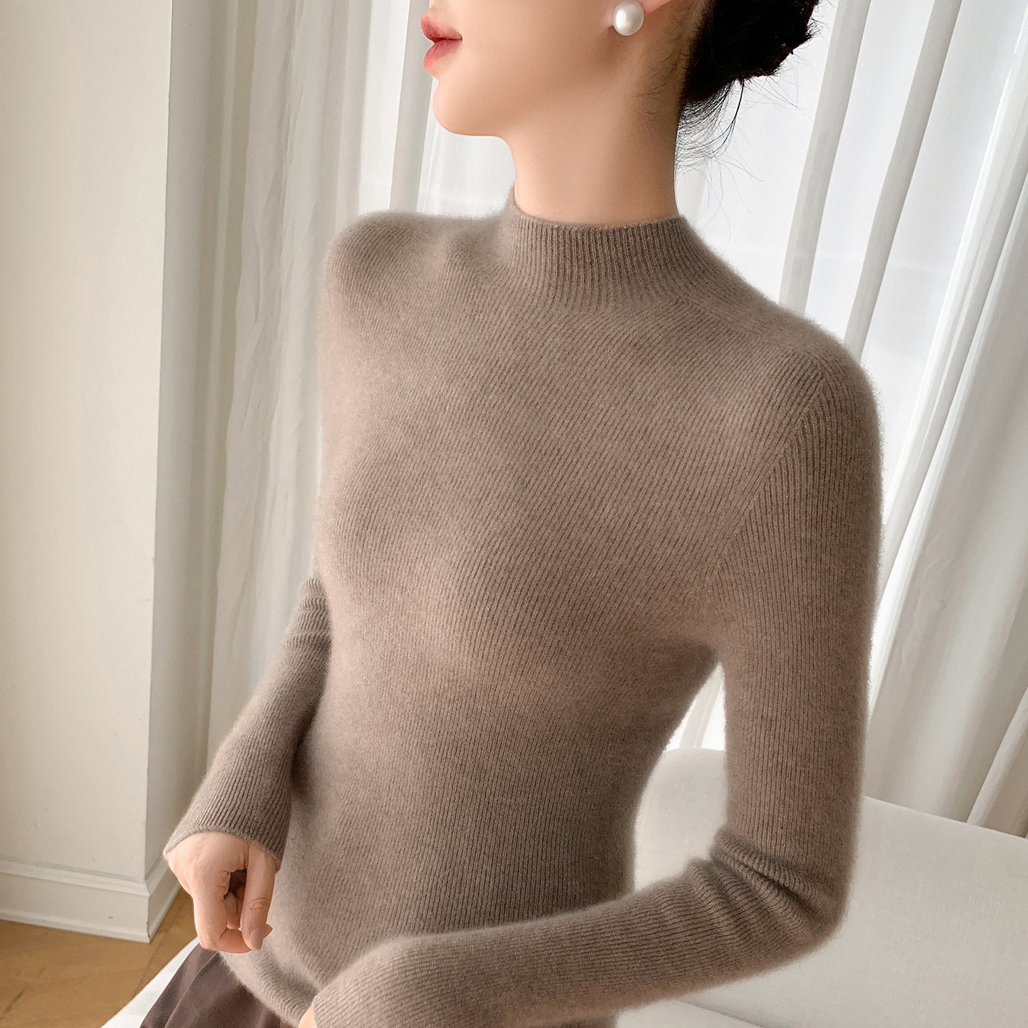 Women's Mock Neck Ribbed Knit Long Sleeve Sweater