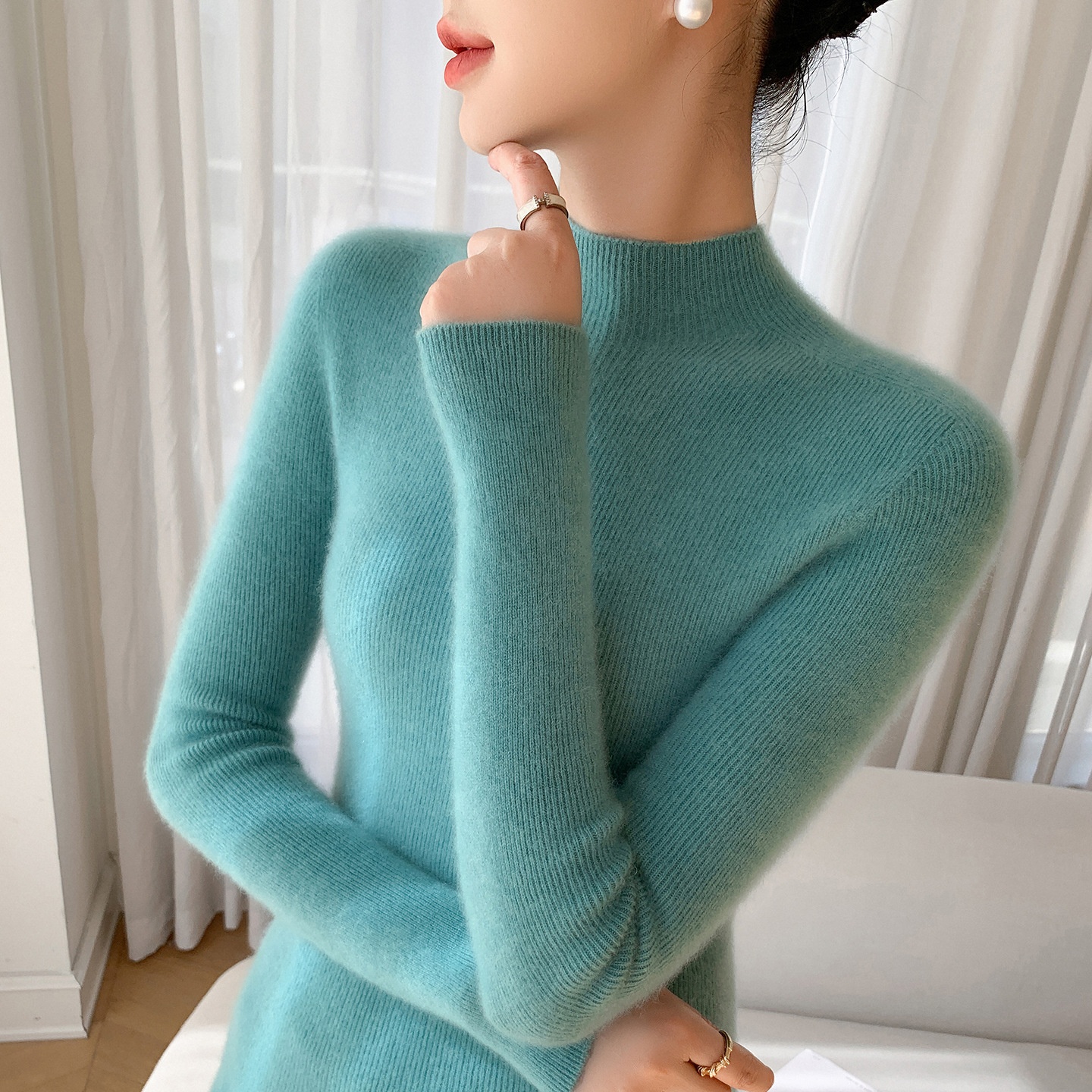 Women's Mock Neck Ribbed Knit Long Sleeve Sweater