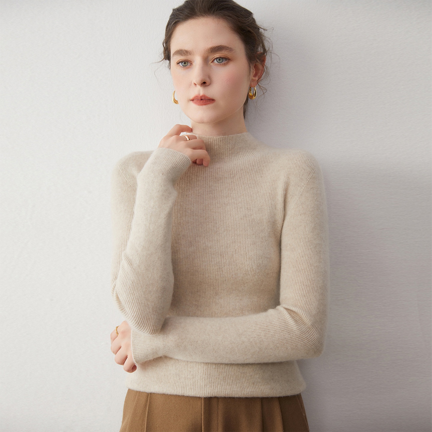 Women's Mock Neck Ribbed Knit Sweater Long Sleeve Top