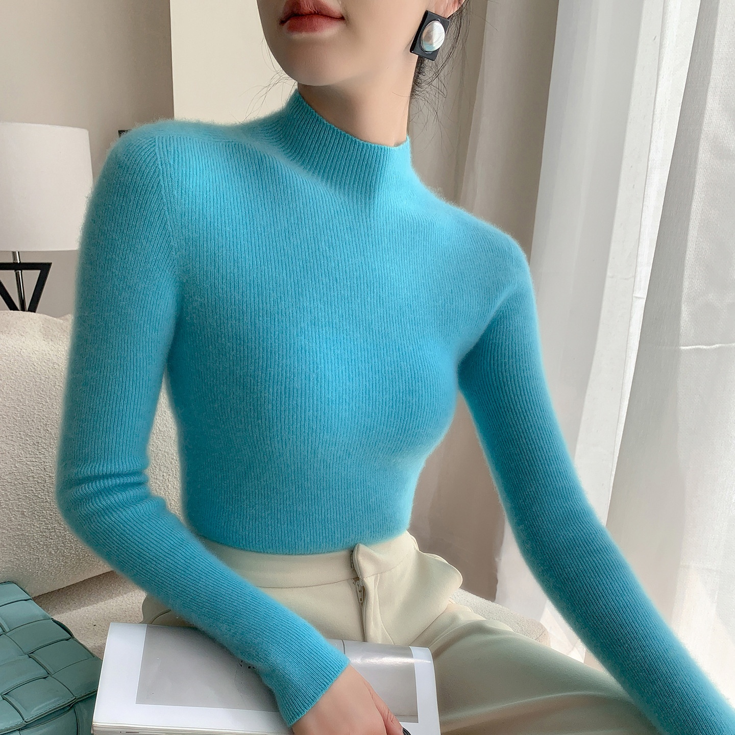 Women's Mock Neck Ribbed Knit Sweater Long Sleeve Top