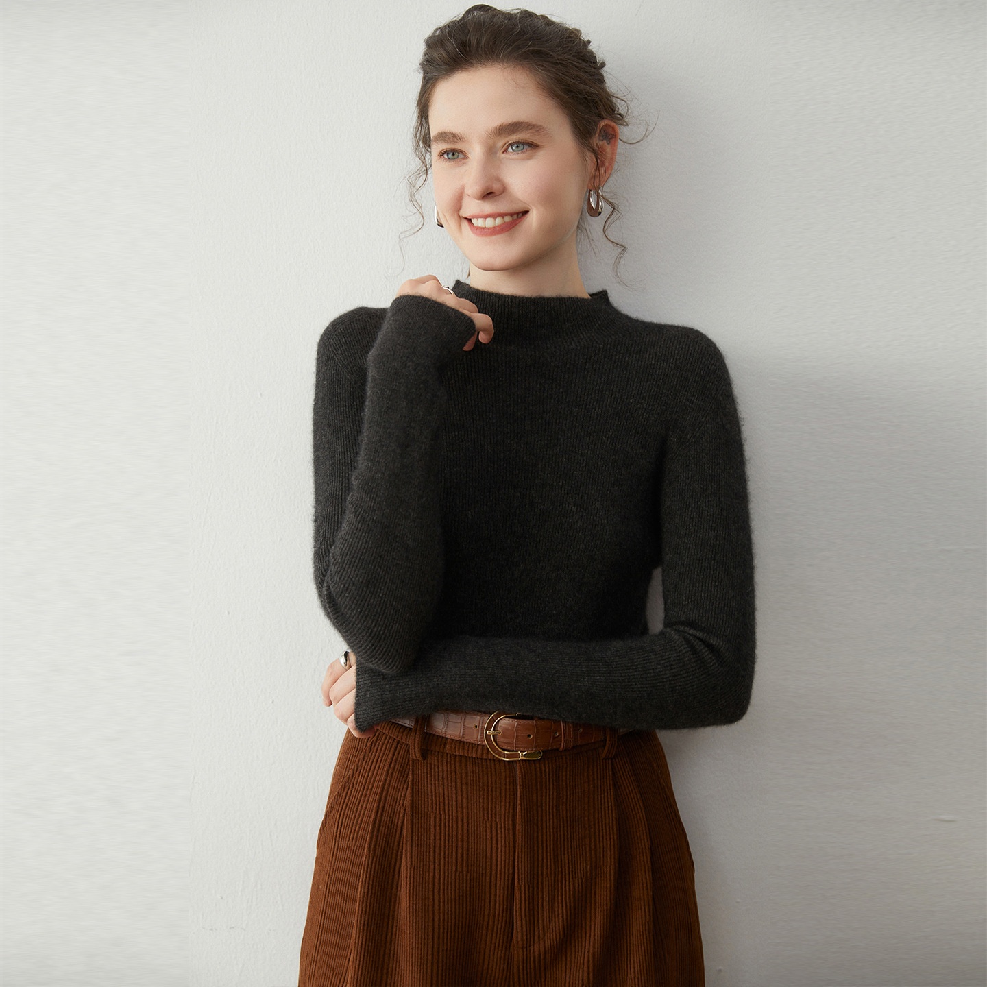 Women's Mock Neck Ribbed Knit Sweater Long Sleeve Top