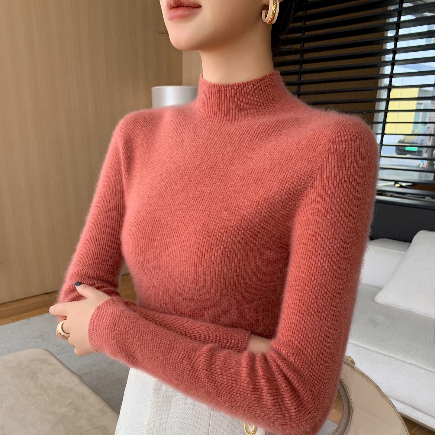 Women's Mock Neck Ribbed Knit Sweater Long Sleeve Top