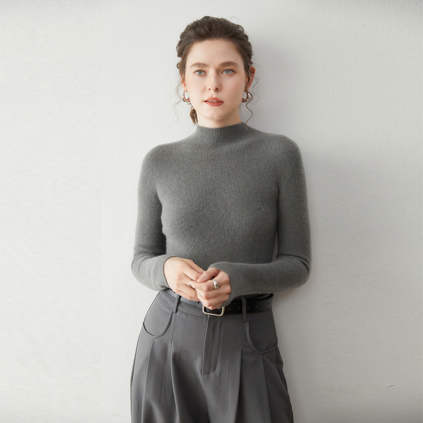 Women's Mock Neck Ribbed Knit Sweater Long Sleeve Top