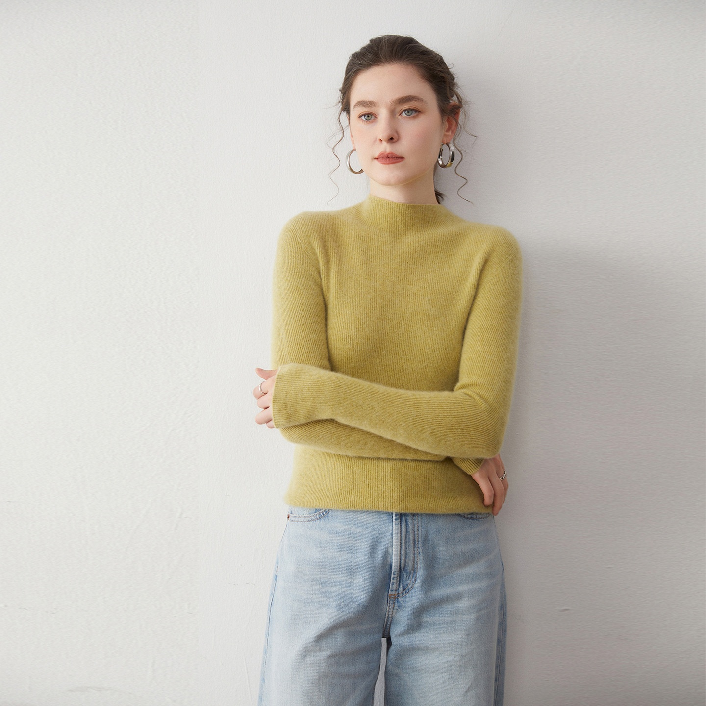 Women's Mock Neck Ribbed Knit Sweater Long Sleeve Top