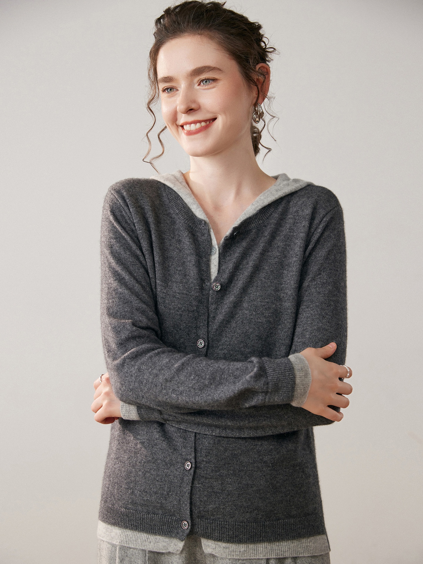 Women's Layered Hooded Knit Button Cardigan