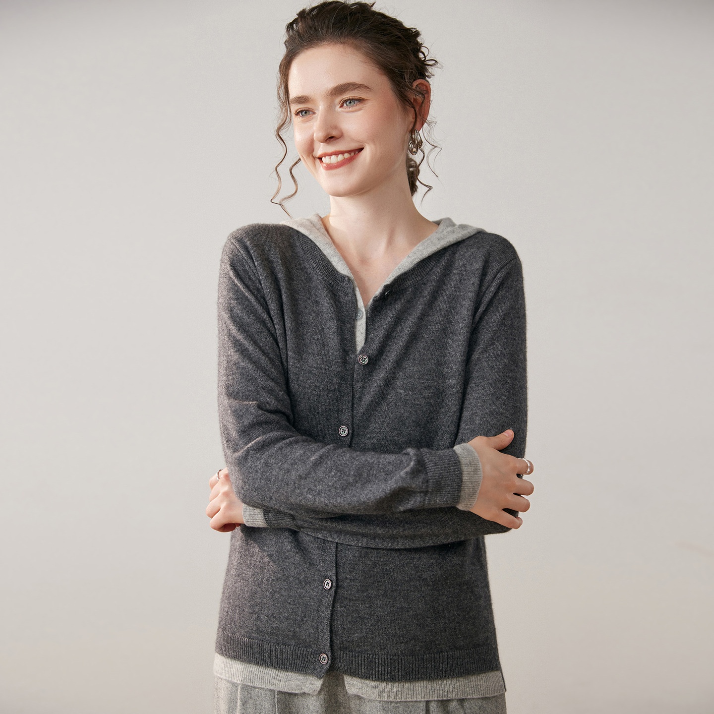 Women's Layered Hooded Knit Button Cardigan