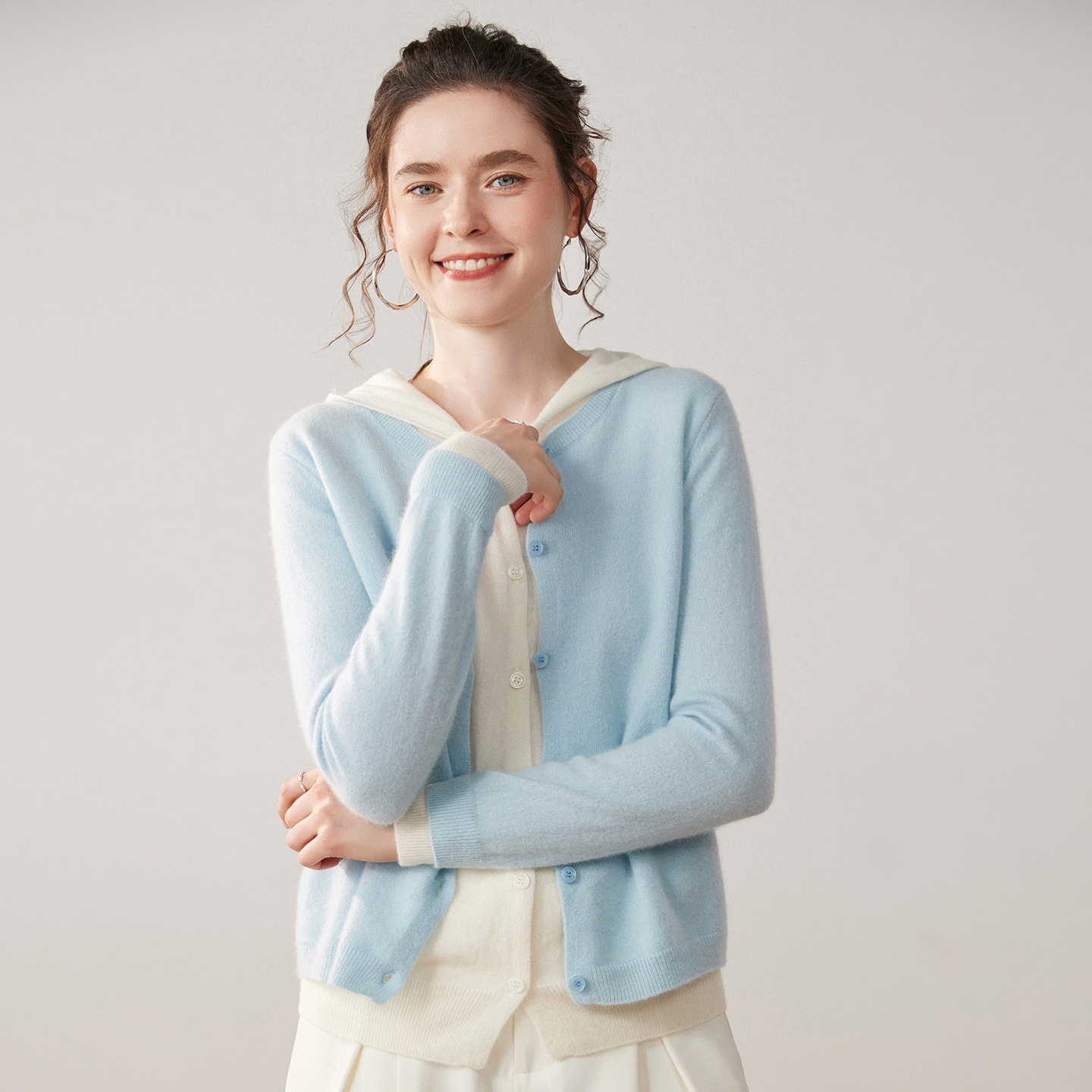 Women's Layered Hooded Knit Button Cardigan