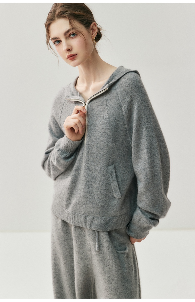 Cashmere Women's Half-Zip Hooded Knit Pullover Sweater