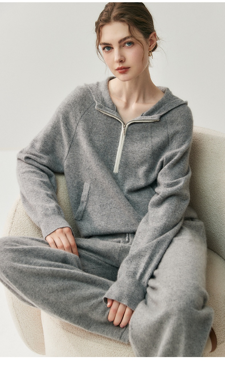Cashmere Women's Half-Zip Hooded Knit Pullover Sweater