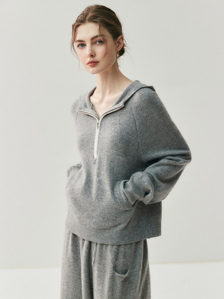 Cashmere Women's Half-Zip Hooded Knit Pullover Sweater