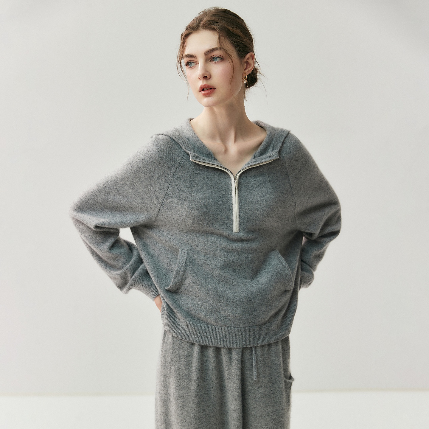 Cashmere Women's Half-Zip Hooded Knit Pullover Sweater