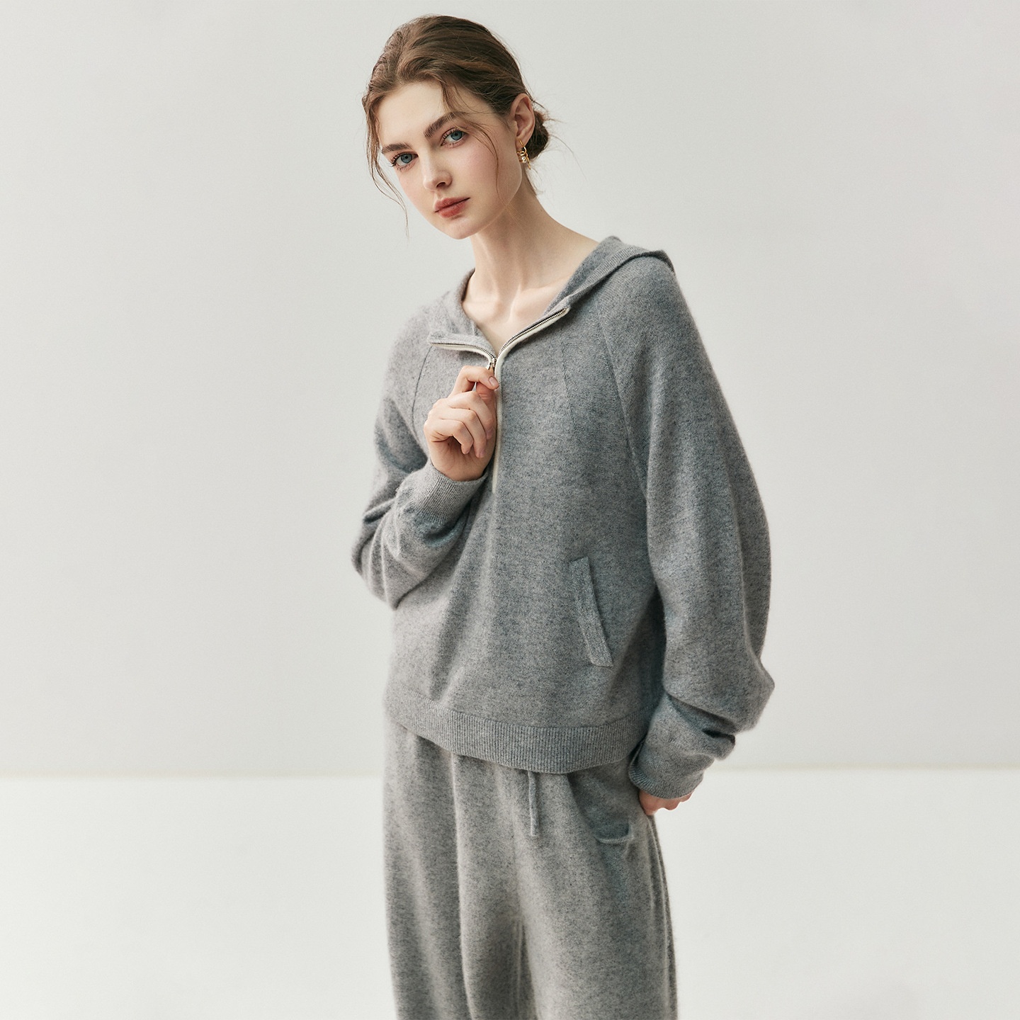 Cashmere Women's Half-Zip Hooded Knit Pullover Sweater