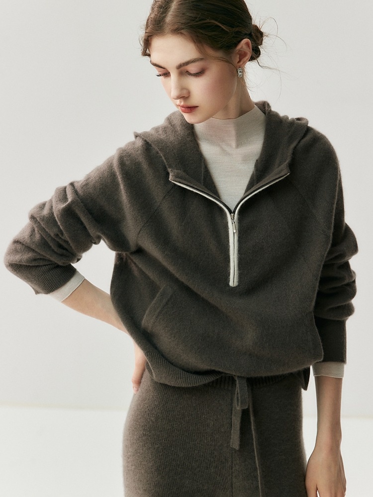 Cashmere Women's Half-Zip Hooded Knit Pullover Sweater