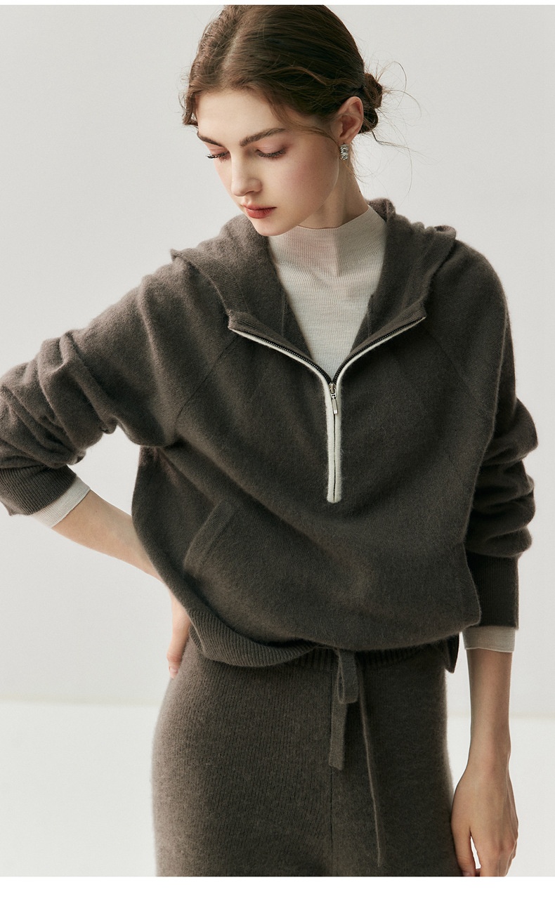Cashmere Women's Half-Zip Hooded Knit Pullover Sweater