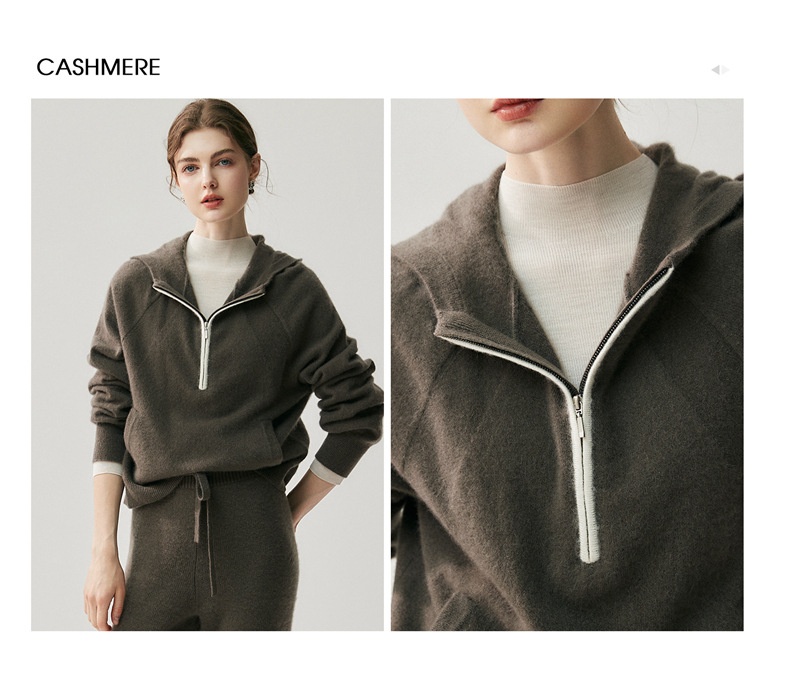 Cashmere Women's Half-Zip Hooded Knit Pullover Sweater