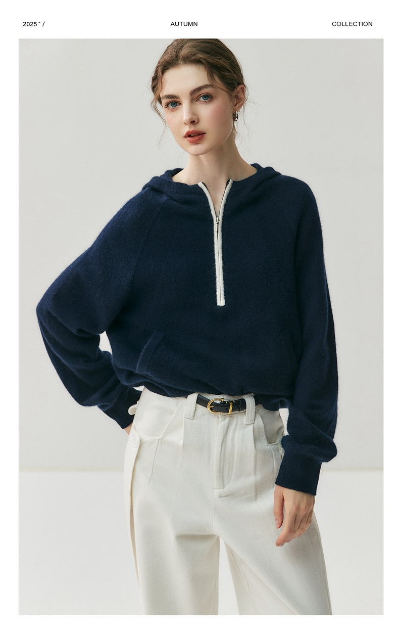 Cashmere Women's Half-Zip Hooded Knit Pullover Sweater