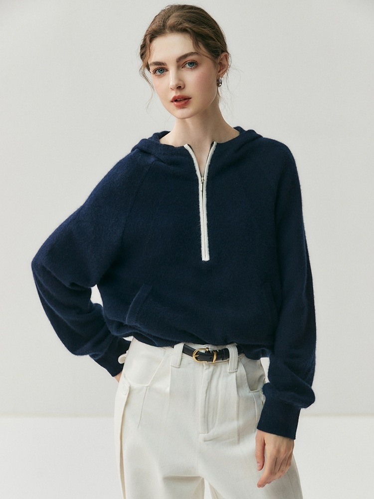 Cashmere Women's Half-Zip Hooded Knit Pullover Sweater
