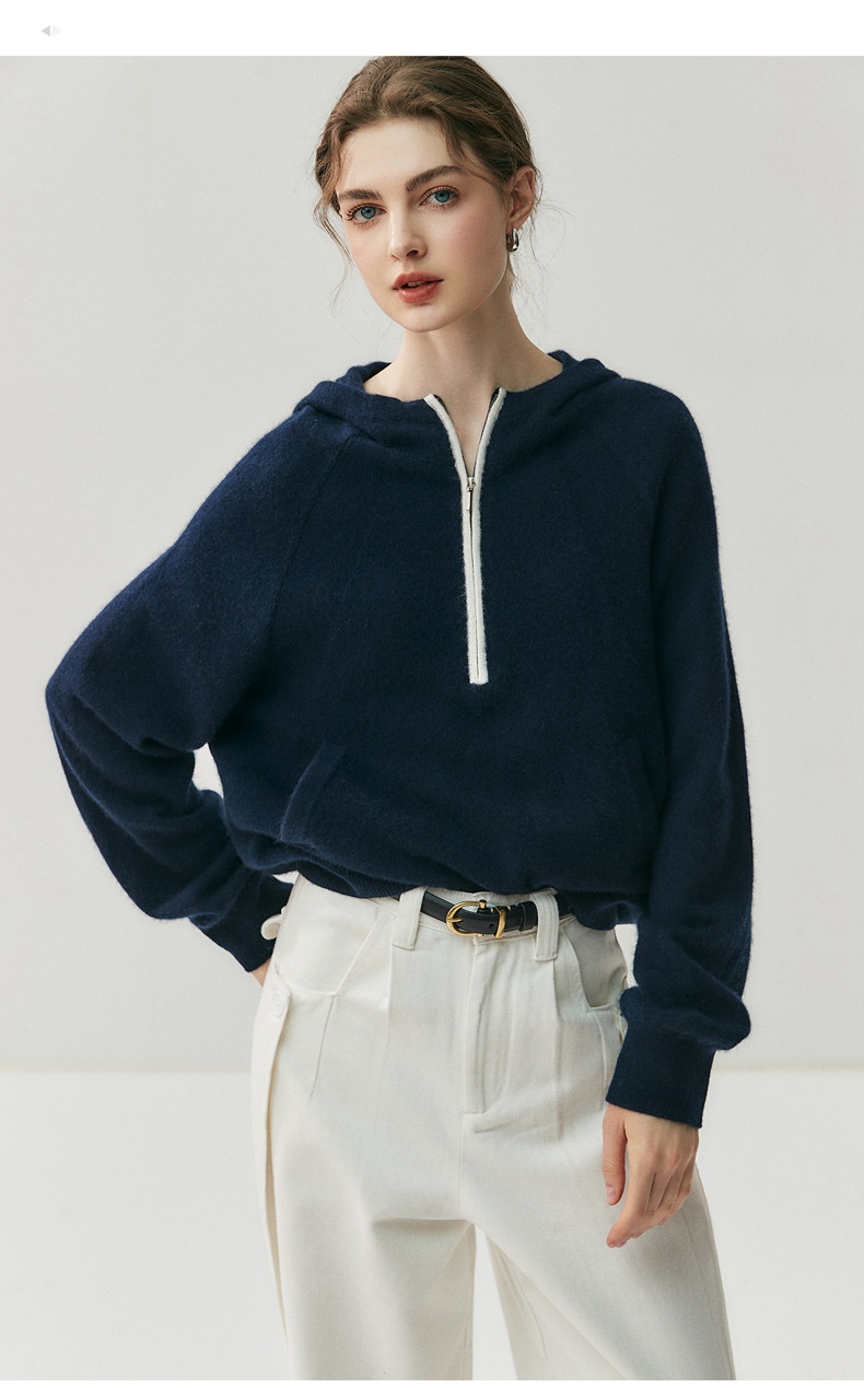 Cashmere Women's Half-Zip Hooded Knit Pullover Sweater