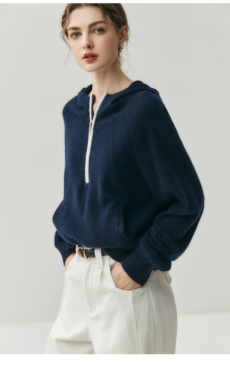 Cashmere Women's Half-Zip Hooded Knit Pullover Sweater