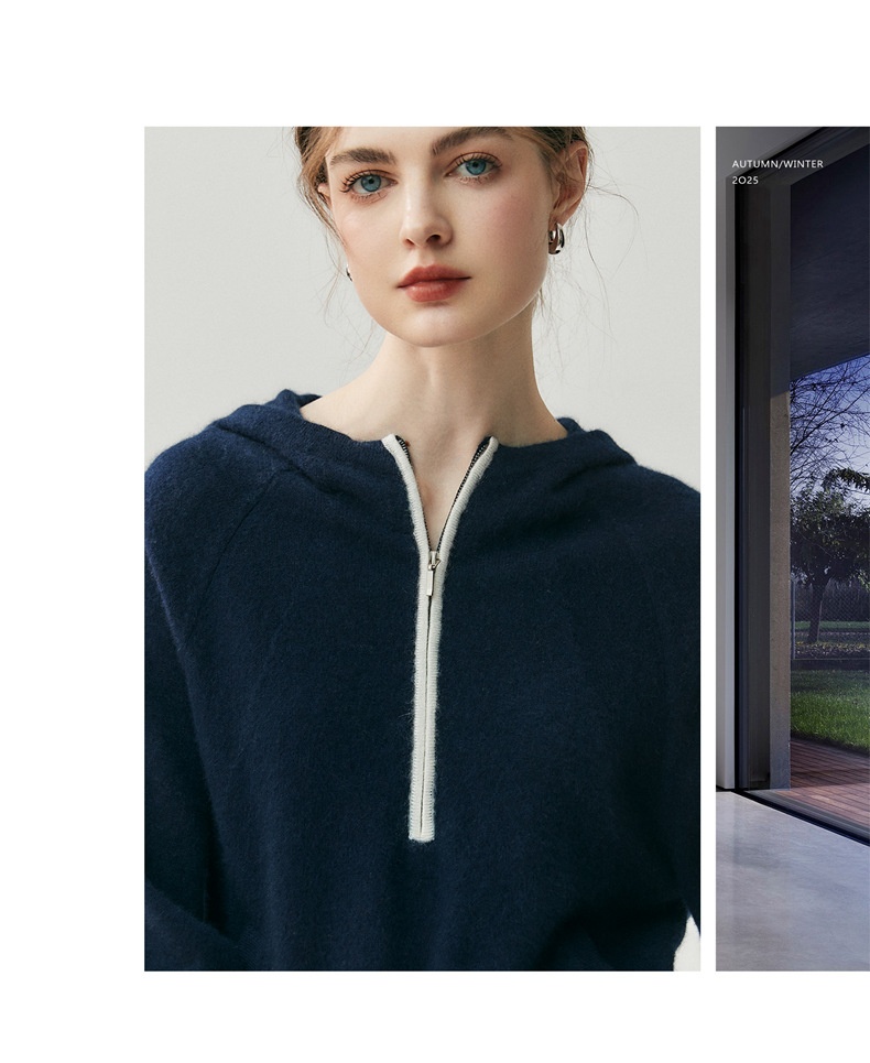 Cashmere Women's Half-Zip Hooded Knit Pullover Sweater