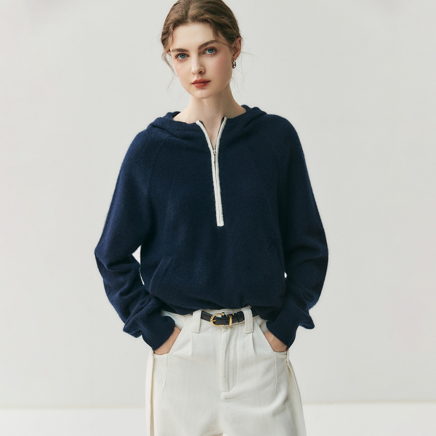 Cashmere Women's Half-Zip Hooded Knit Pullover Sweater