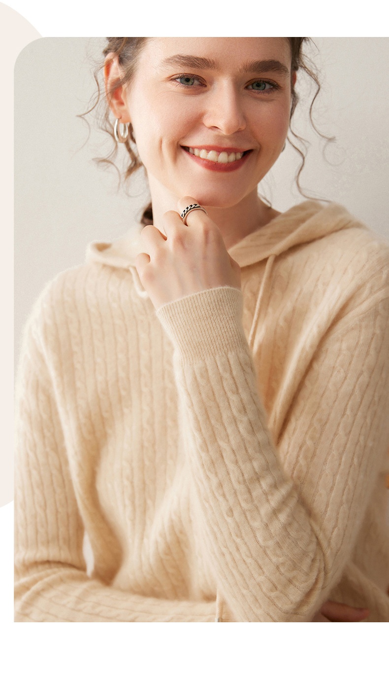 Cashmere Women's Knit Button-Neck Hooded Sweater