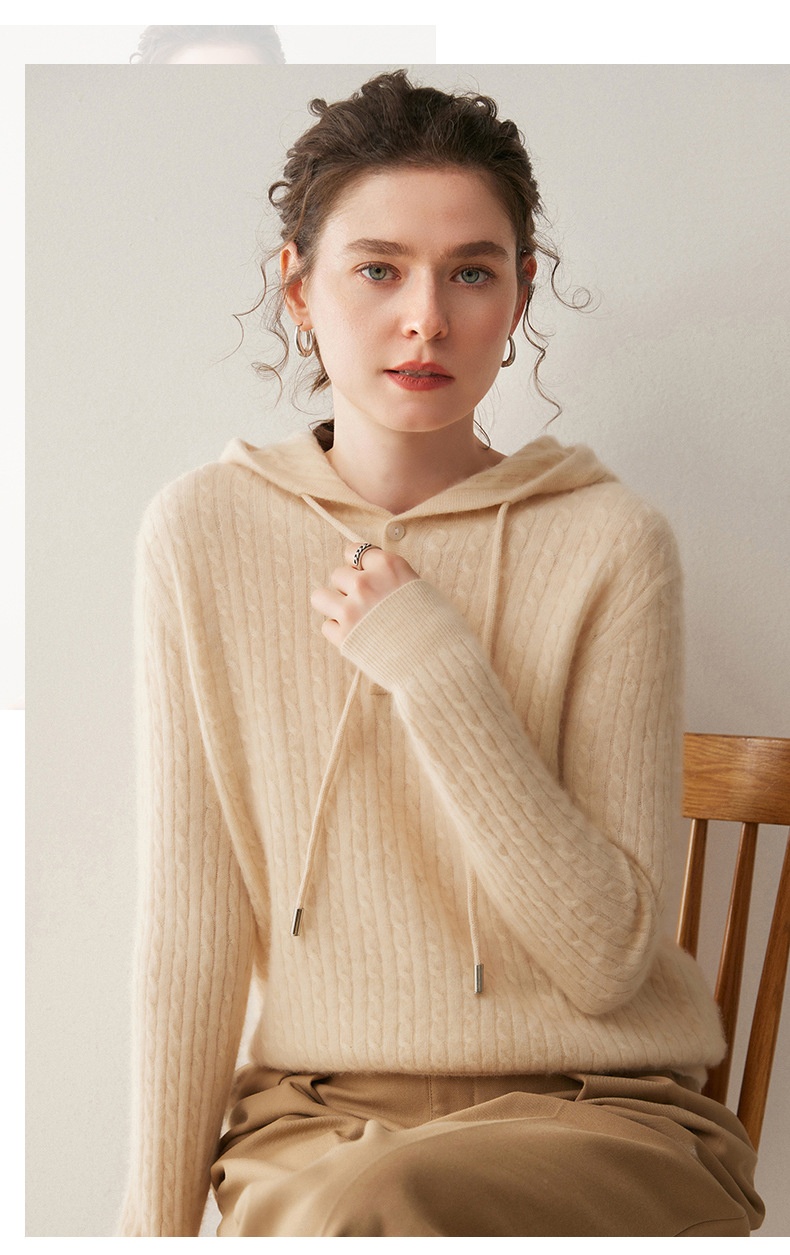 Cashmere Women's Knit Button-Neck Hooded Sweater