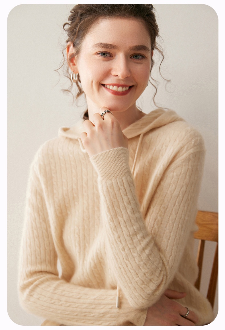 Cashmere Women's Knit Button-Neck Hooded Sweater