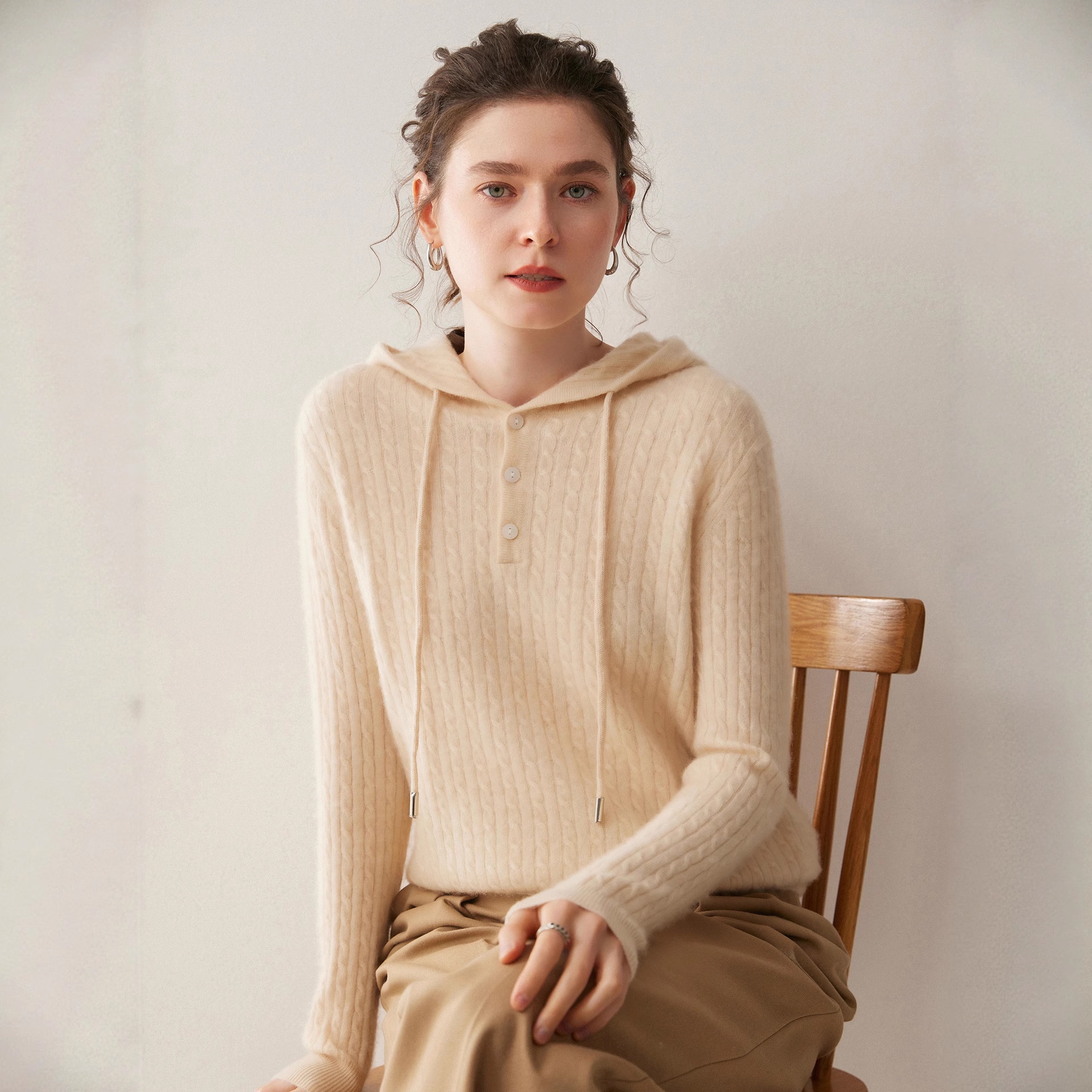 Cashmere Women's Knit Button-Neck Hooded Sweater