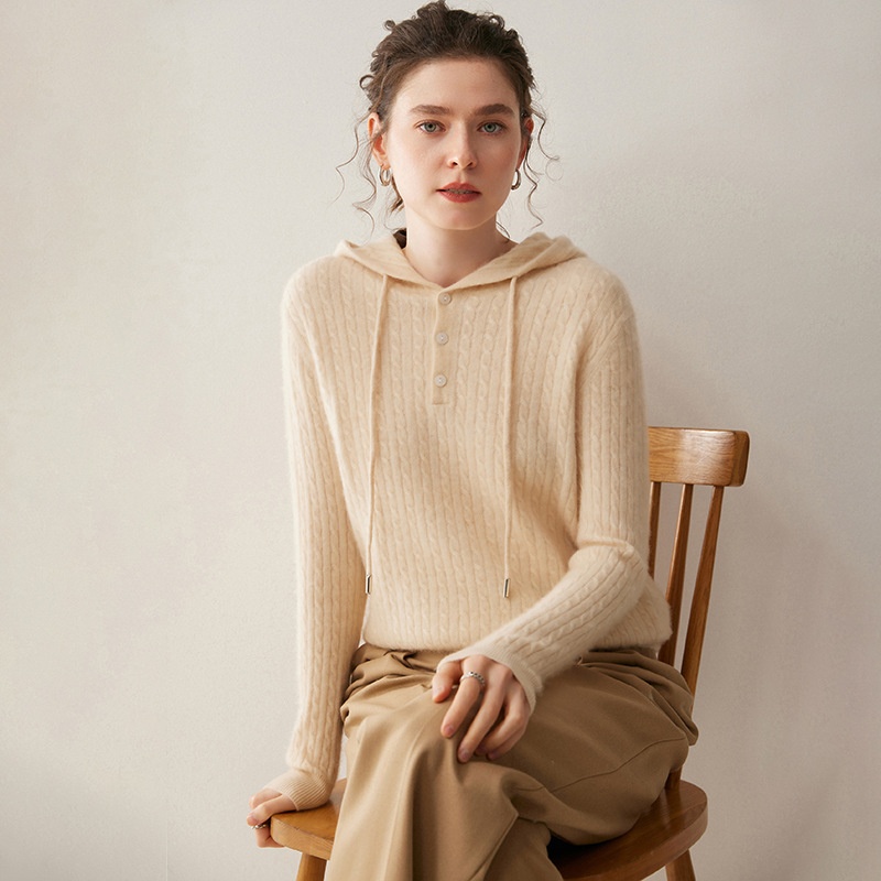 Cashmere Women's Knit Button-Neck Hooded Sweater