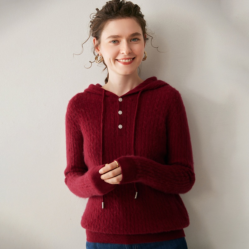 Cashmere Women's Knit Button-Neck Hooded Sweater
