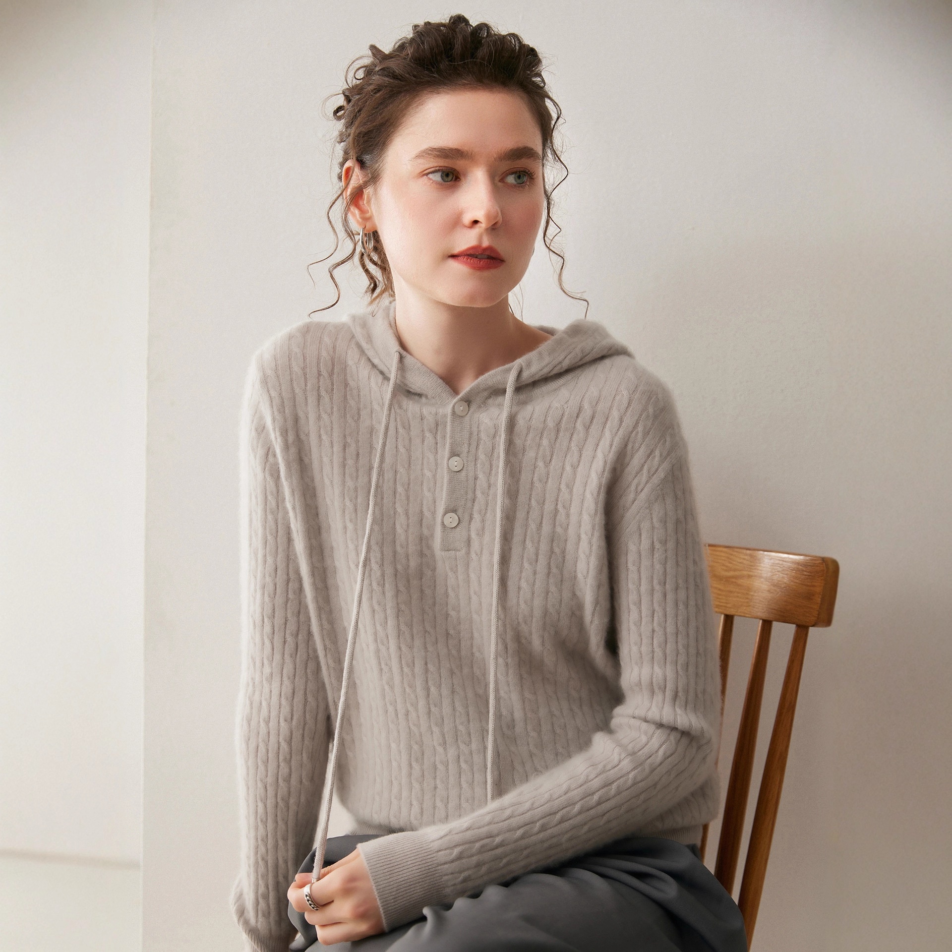Cashmere Women's Knit Button-Neck Hooded Sweater