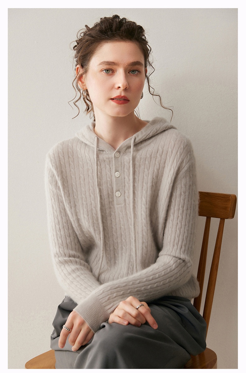 Cashmere Women's Knit Button-Neck Hooded Sweater