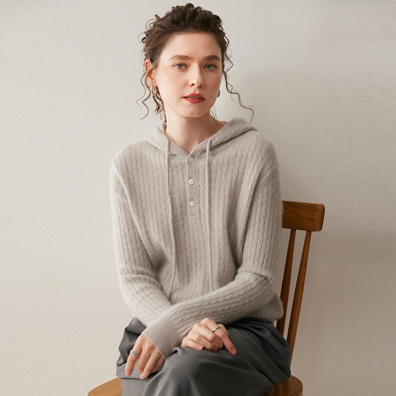 Cashmere Women's Knit Button-Neck Hooded Sweater