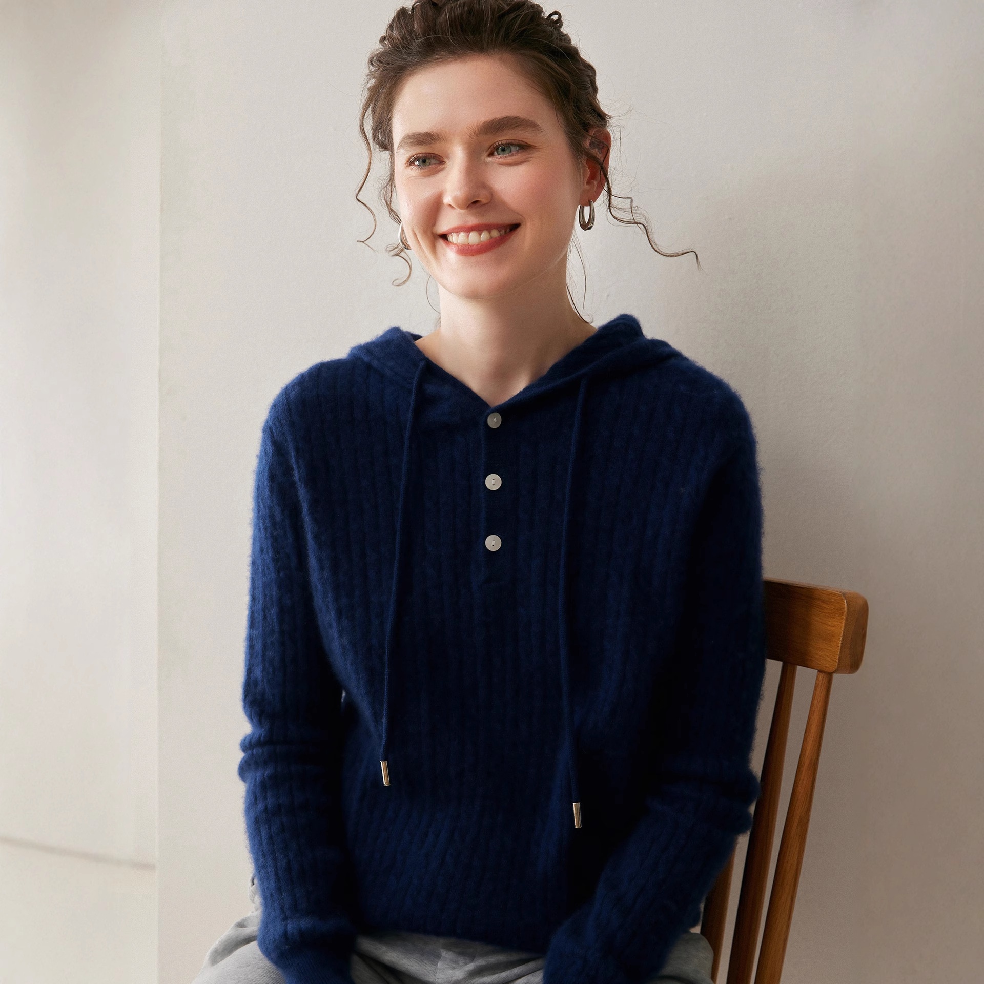 Cashmere Women's Knit Button-Neck Hooded Sweater