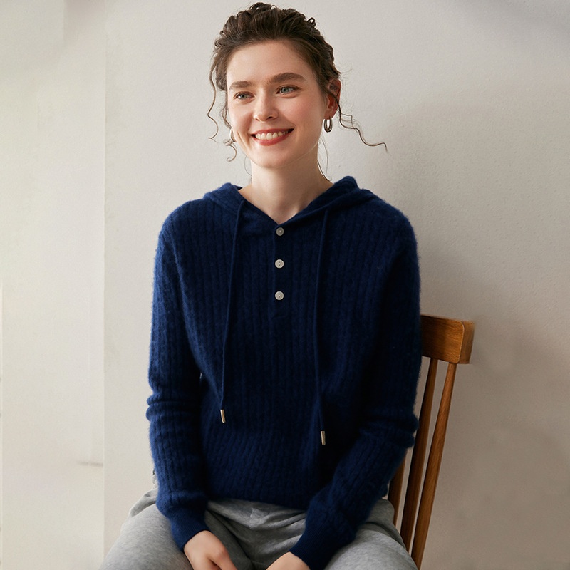 Cashmere Women's Knit Button-Neck Hooded Sweater