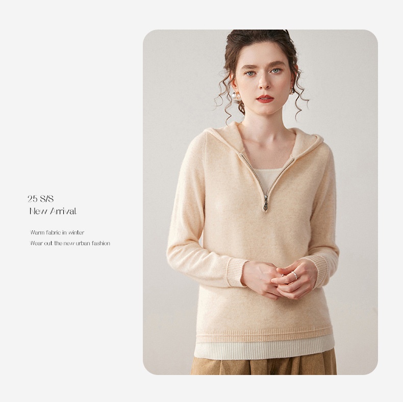 Women's Half-Zip Hooded Knit Sweater with Layered Hem